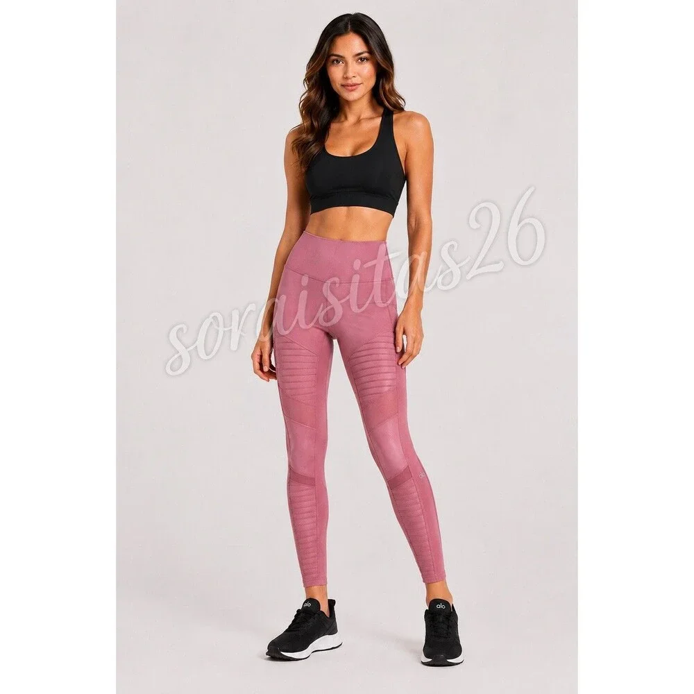 Alo Yoga Women's High-Waist Mesh Mauve Pink Moto Leggings SZ XS